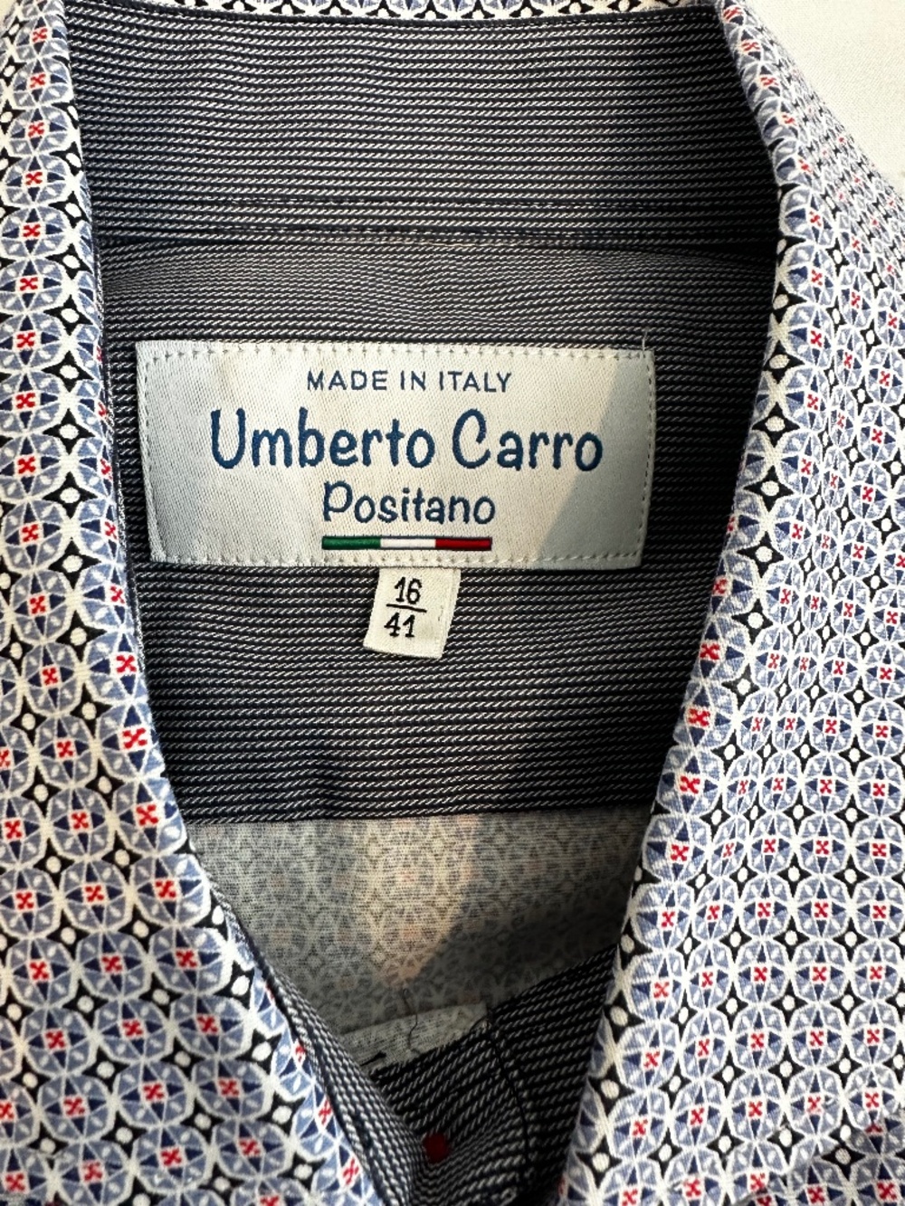Umberto Carro Positano Men's SZ 16/41 Button Down Shirt Geometric Red/White/Blue